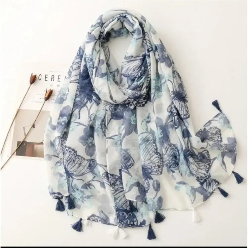 NEW Boho Butterfly Design Tasseled Rectangle Soft Chic Scarf Large Blue White